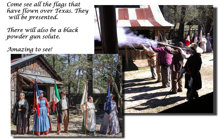 Black Powder Guns being shot and Flags that flew over Texas